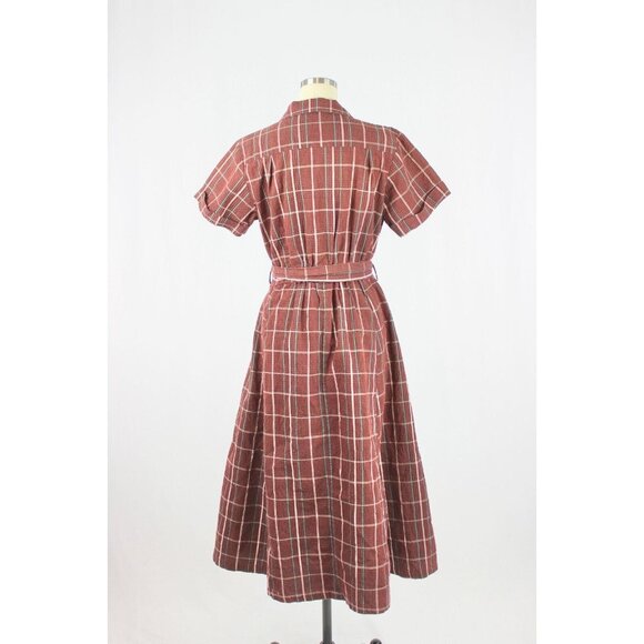 MOUSSY Dark Red Burgundy Check Cotton Seersucker Retro Midi Shirt Dress, Size M - Picture 3 of 13
